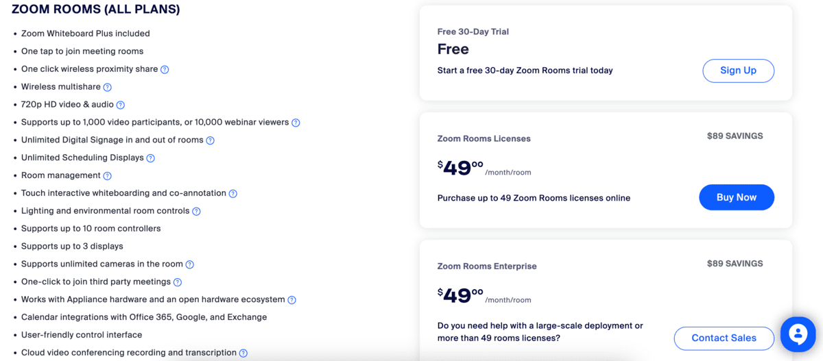 Zoom Rooms plans and features
