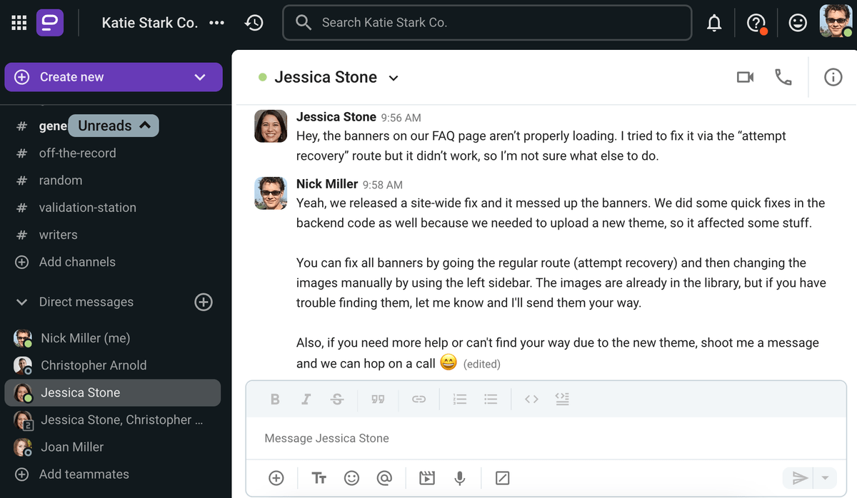 An example of properly answering questions that are asked, shown on Pumble, a team messaging app