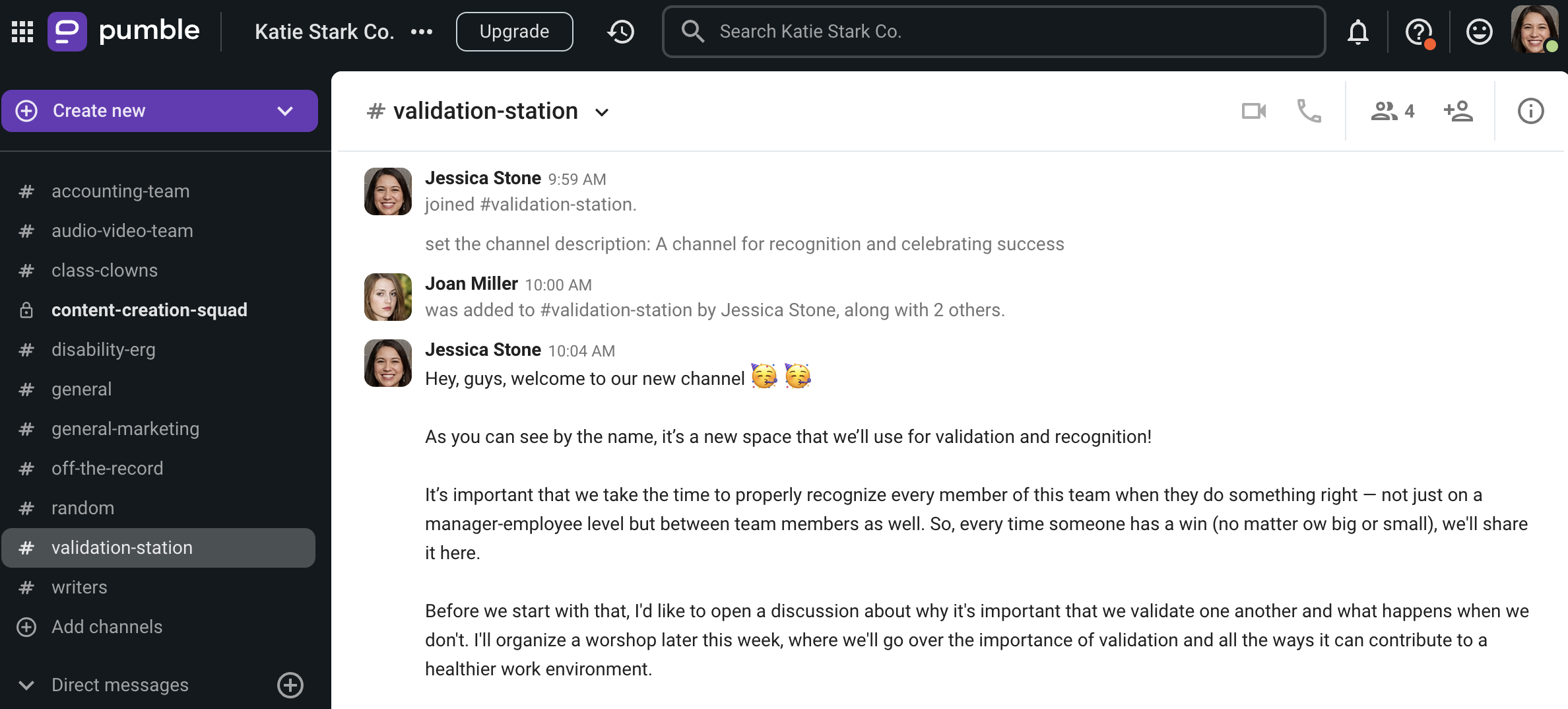 Taking proactive steps to ensure your employees don’t feel invalidated or dismissed, shown on Pumble, a team communication app