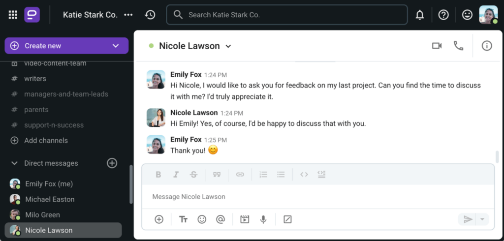 Asking for feedback in Pumble, a team communication app