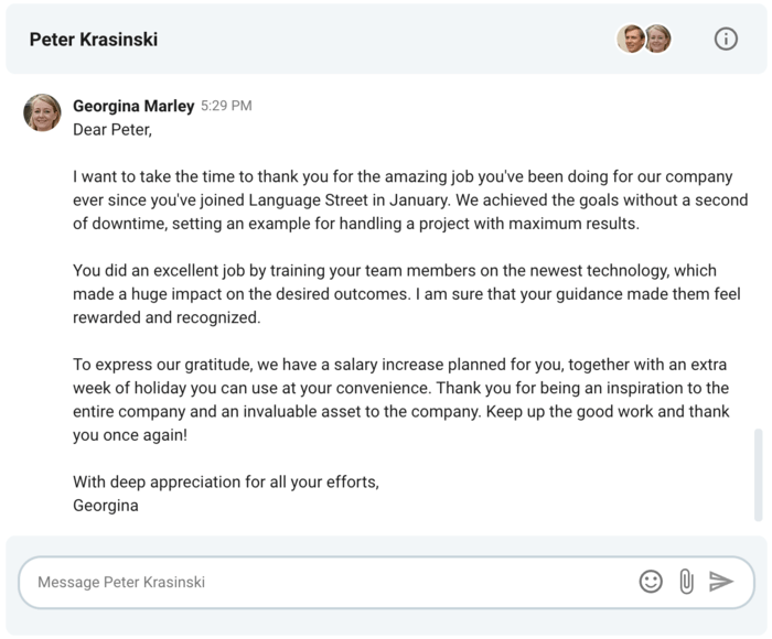 Praising an employee for their hard work and contribution in Pumble, a business messaging app
