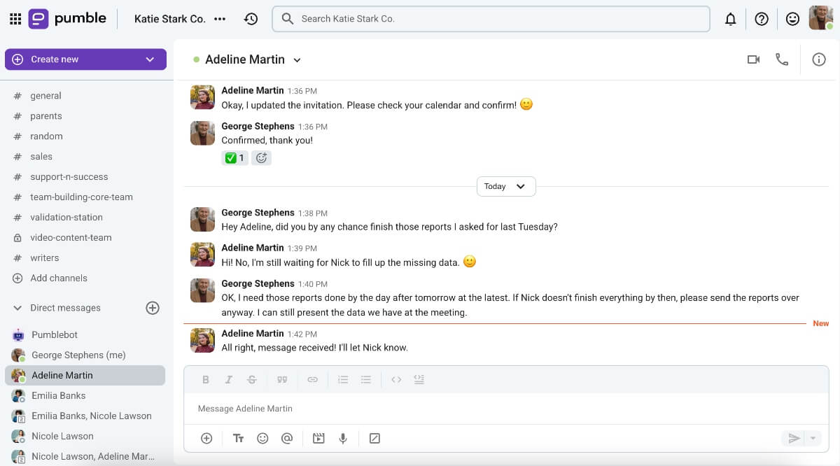 An example of clarity in communication shown on Pumble, a team communication app