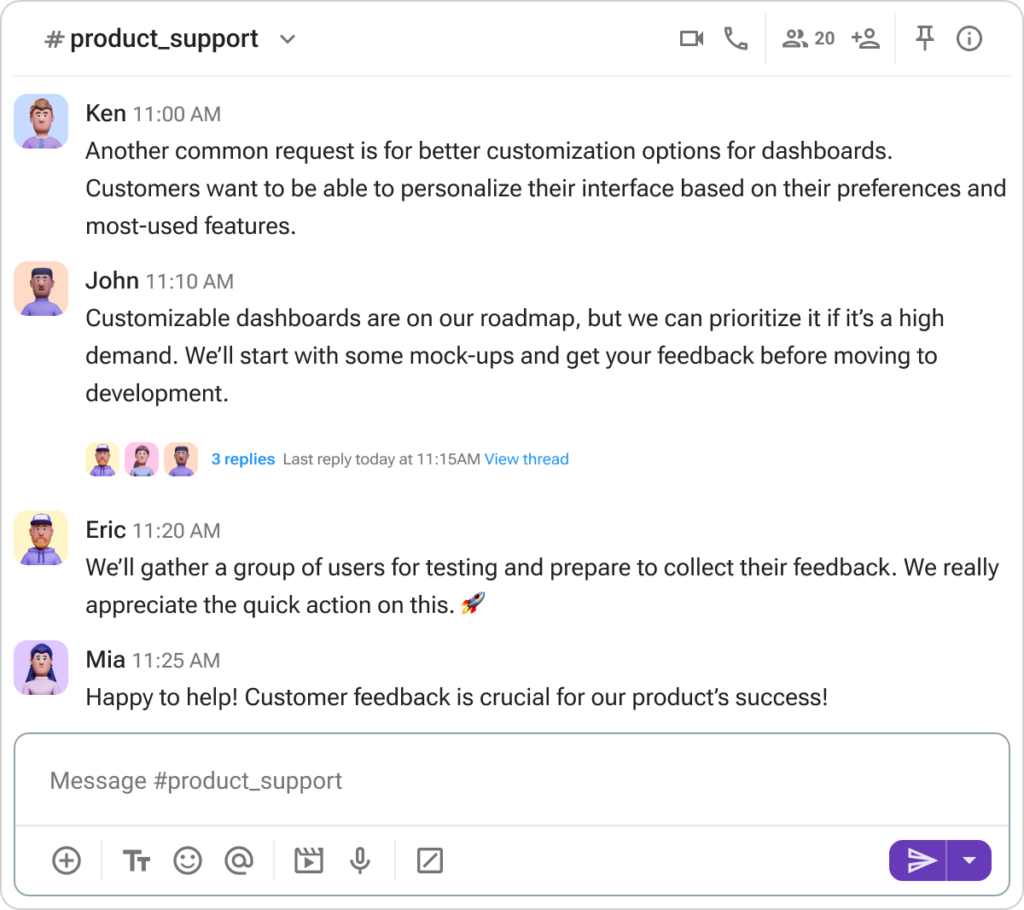 Customer support team communicate with the product team members