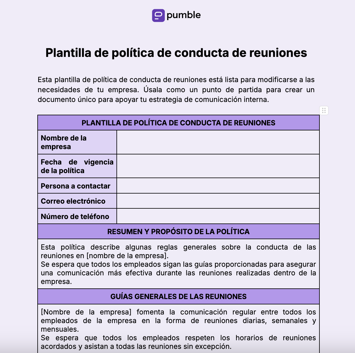 Plantilla de política de conducta de reuniones