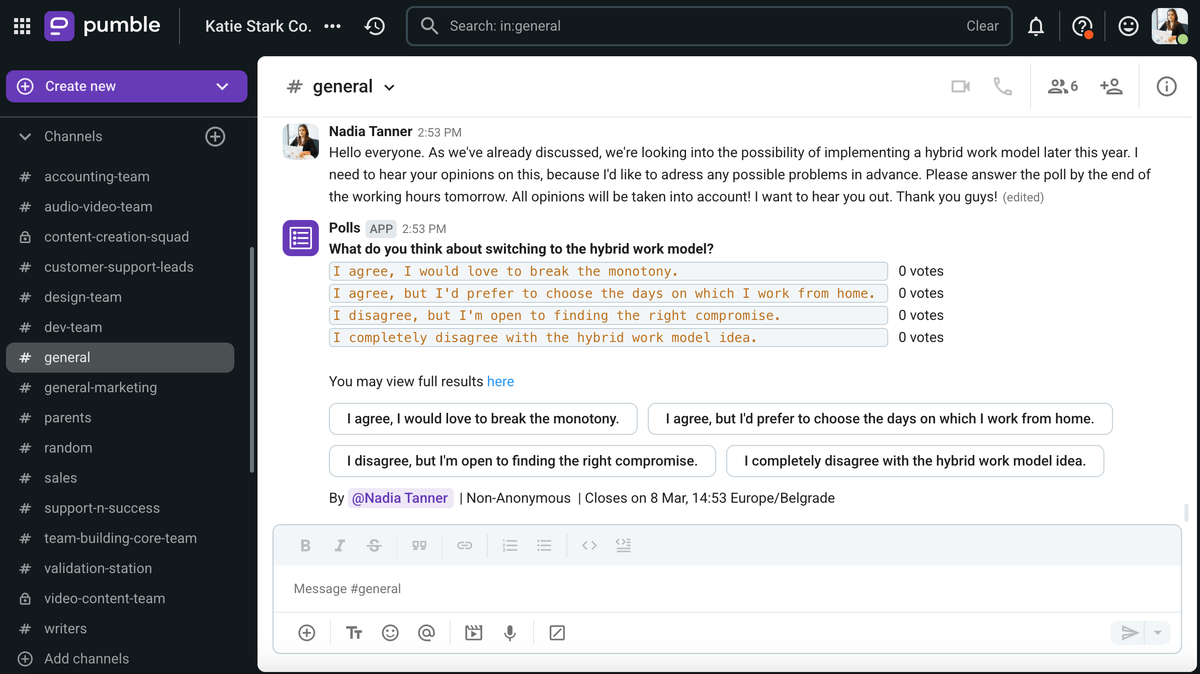 Hacer una pregunta a través de la función de encuesta de Pumble, un software de comunicación interna
